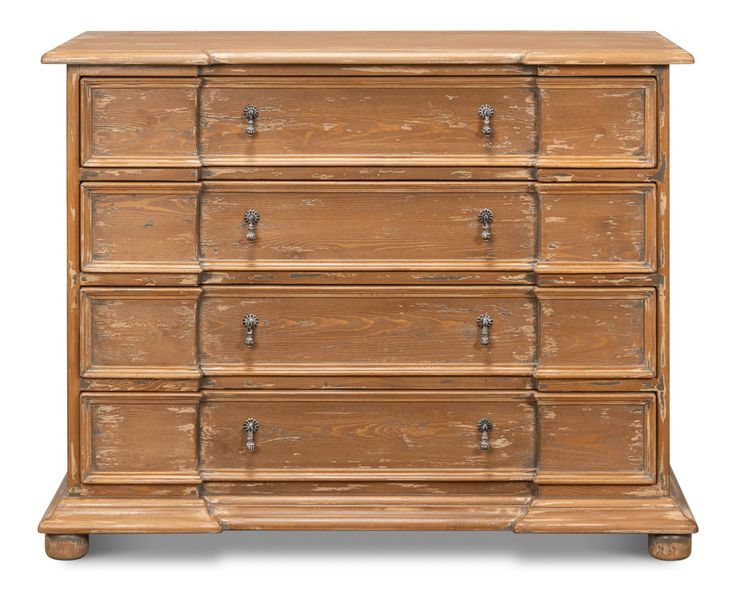 an old wooden dresser with drawers and knobs on the bottom drawer, isolated against a white background