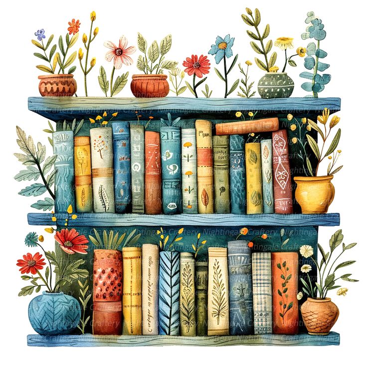 a watercolor painting of books on a shelf with flowers and potted plants around it