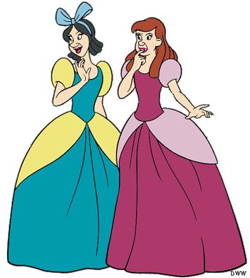 two women in dresses talking to each other with their hands on their mouths and one wearing a tiara