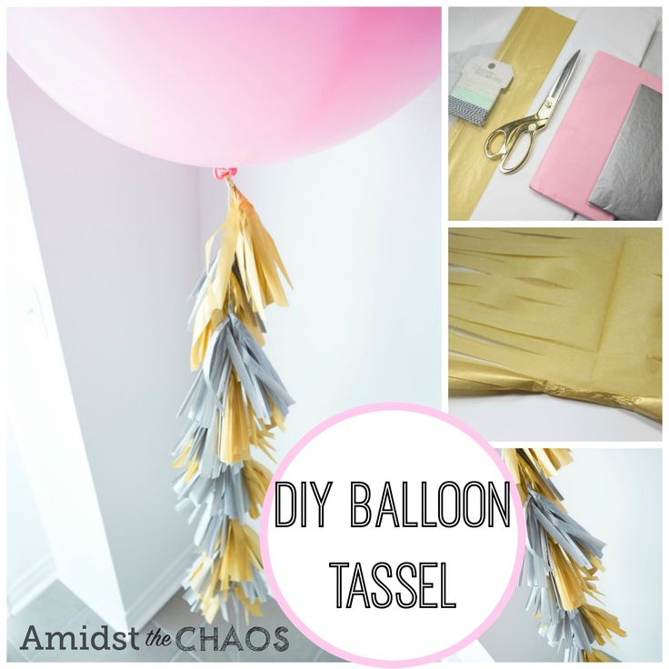 diy balloon tassel with gold, silver and pink paper hanging from it's side