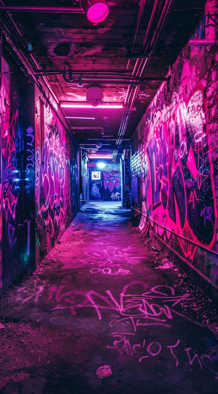 an empty hallway with graffiti all over the walls and floor, along with purple lights