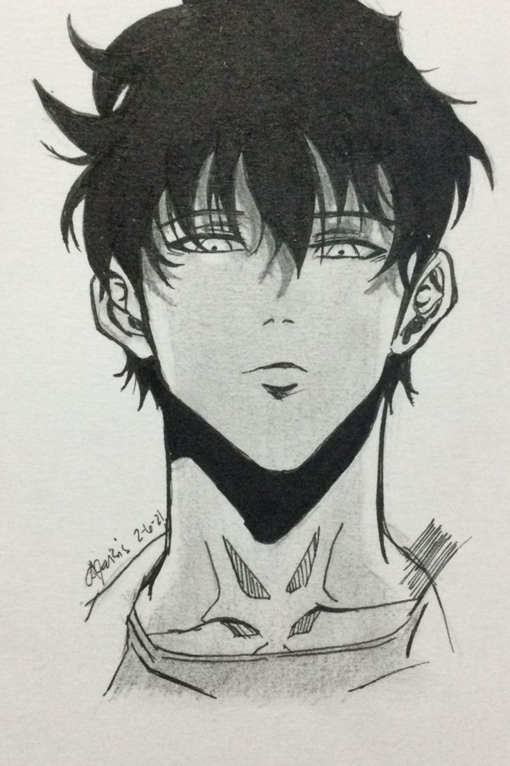 a drawing of an anime character with black hair and bangs, wearing a collared shirt