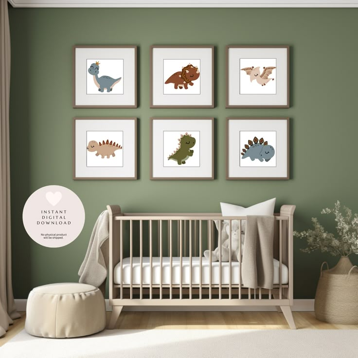 a baby's room with green walls and pictures on the wall, including a crib