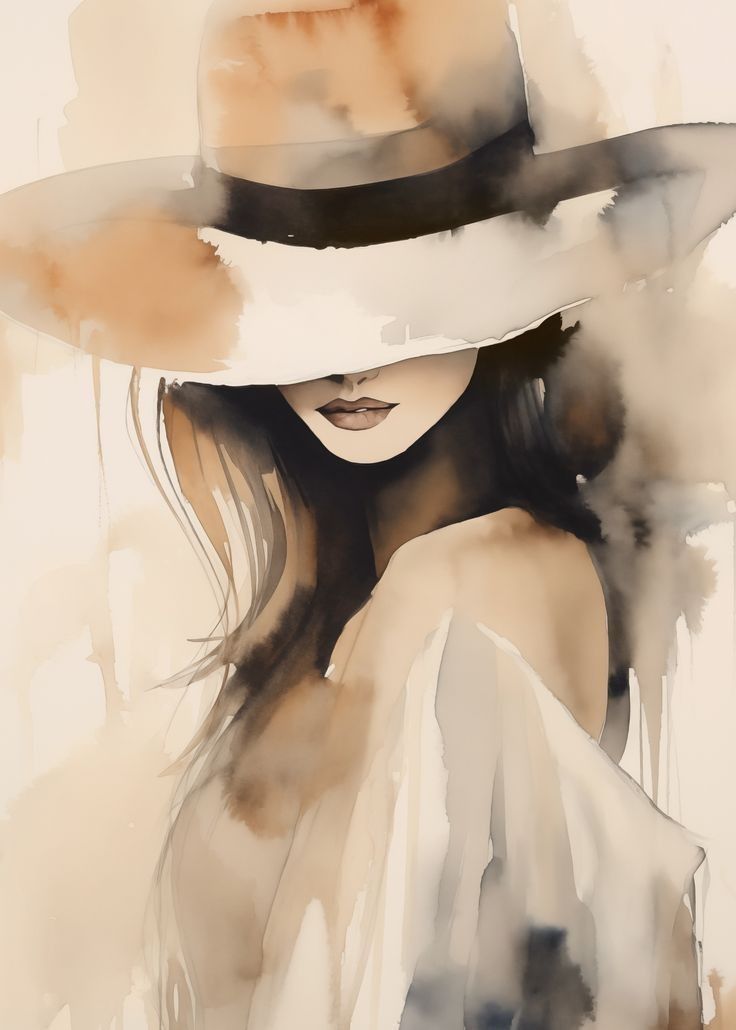 a watercolor painting of a woman wearing a hat with her hair blowing in the wind