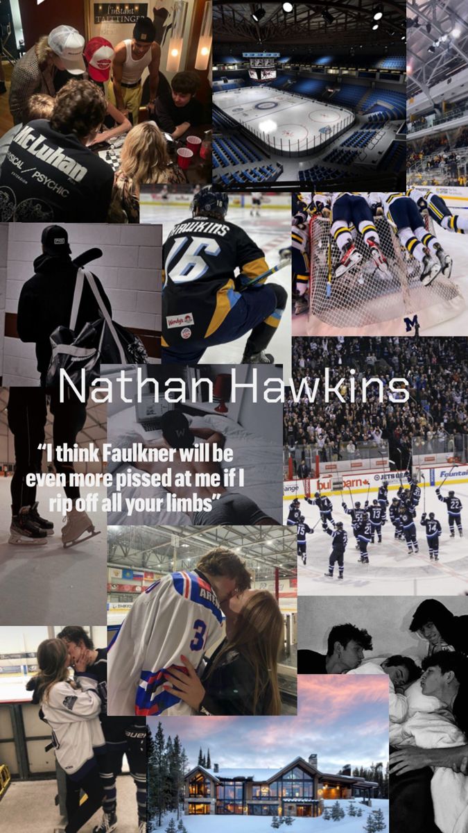 a collage of photos showing hockey players and their families at the rink with text that reads nathan hawkins