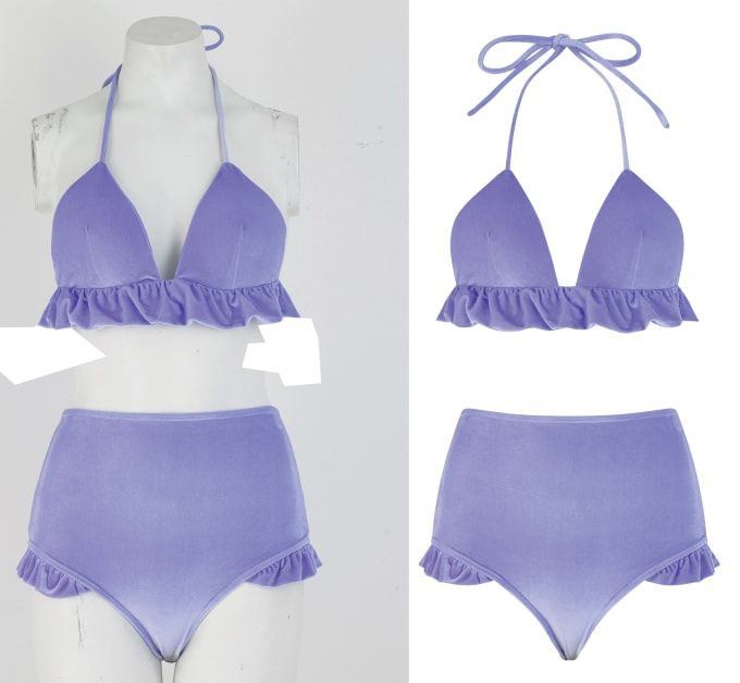 two pieces of purple swimsuit with ruffles on the bottom and one piece below