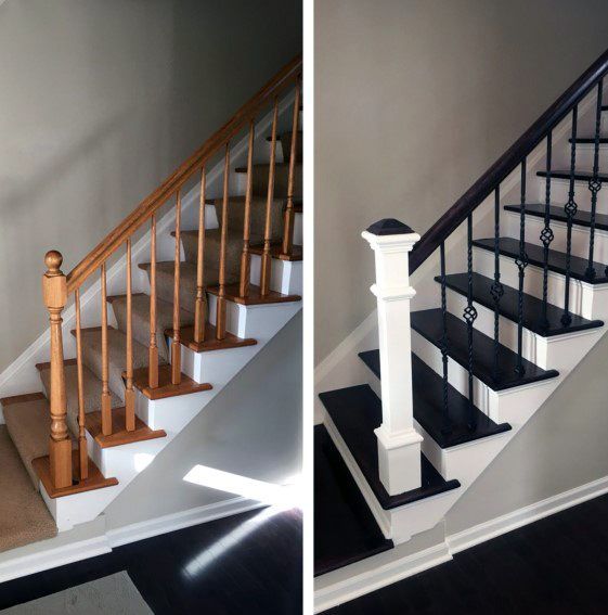 two pictures of stairs and railings in a house