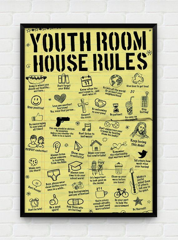 a yellow poster with black writing on it that says youth room house rules and symbols