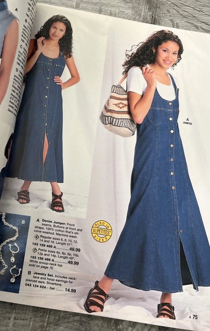 Embroidery Patterns For Dresses, 1990s Dresses Casual, 90s Jean Dress Outfit, Vintage Denim Dress Outfit, 90s Mom Aesthetic Fall, 90s Denim Dress Outfit, 90s Maxi Dress Outfit, Denim Maxi Dress Outfit, Long Denim Dress Outfit