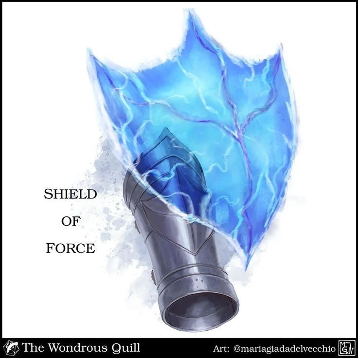 a blue and black object with the words shield of force on it's side