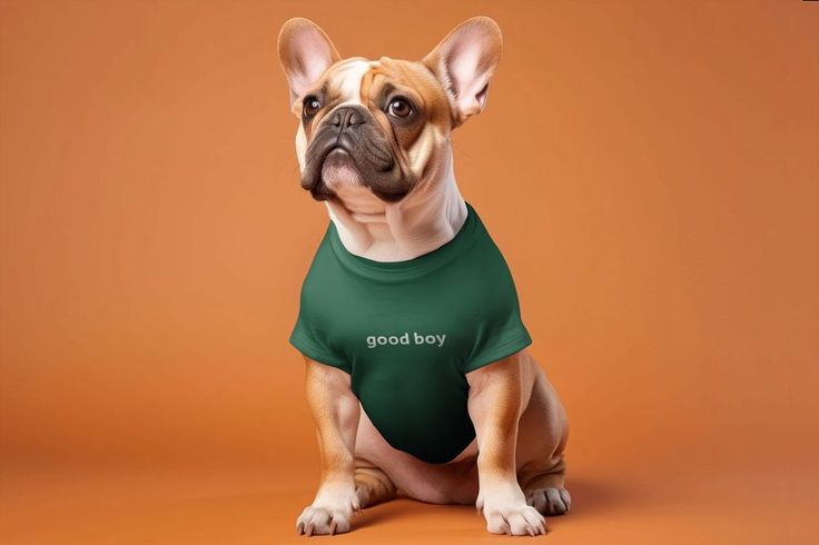 a small dog wearing a green shirt with the words good bye on it's chest