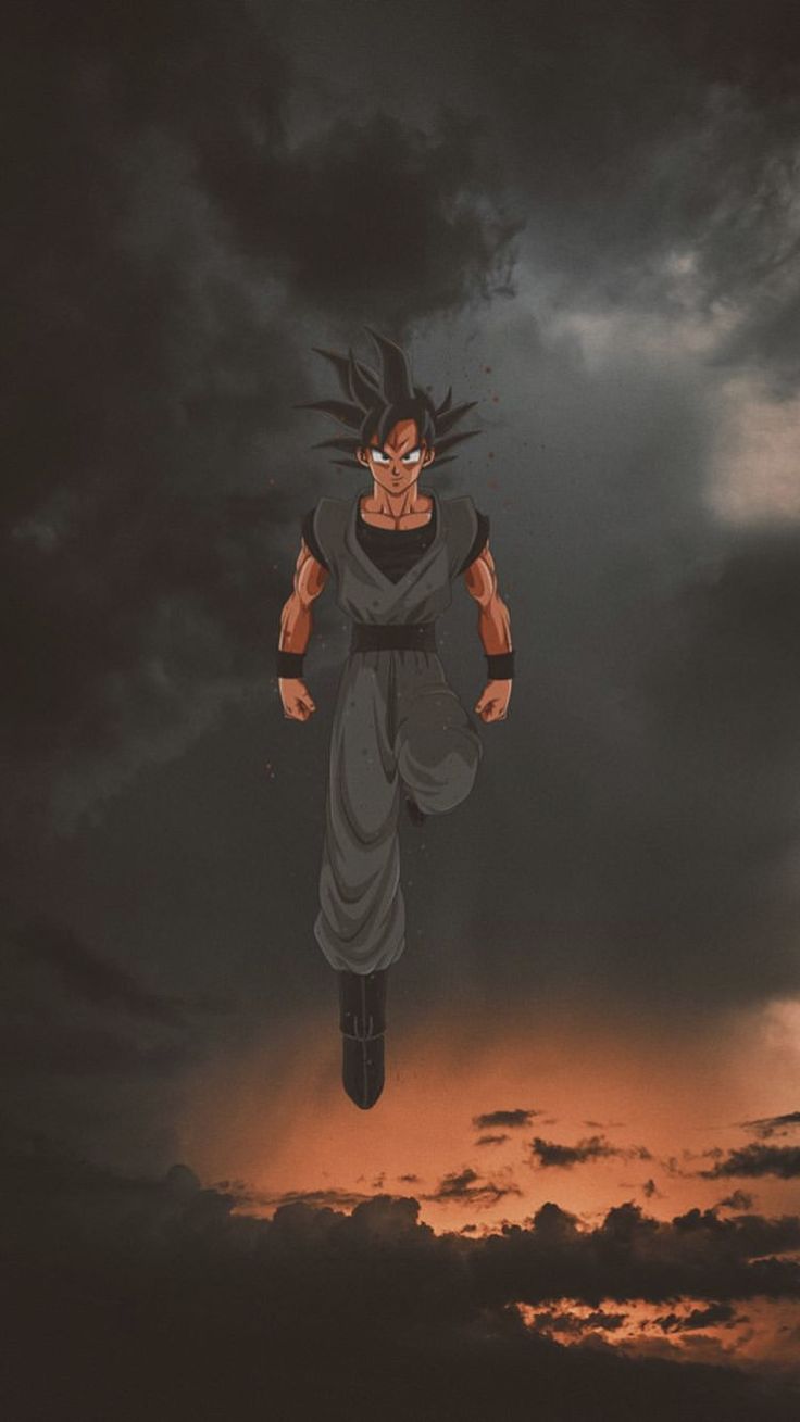 an anime character flying through the air in front of dark clouds and orange sun rays