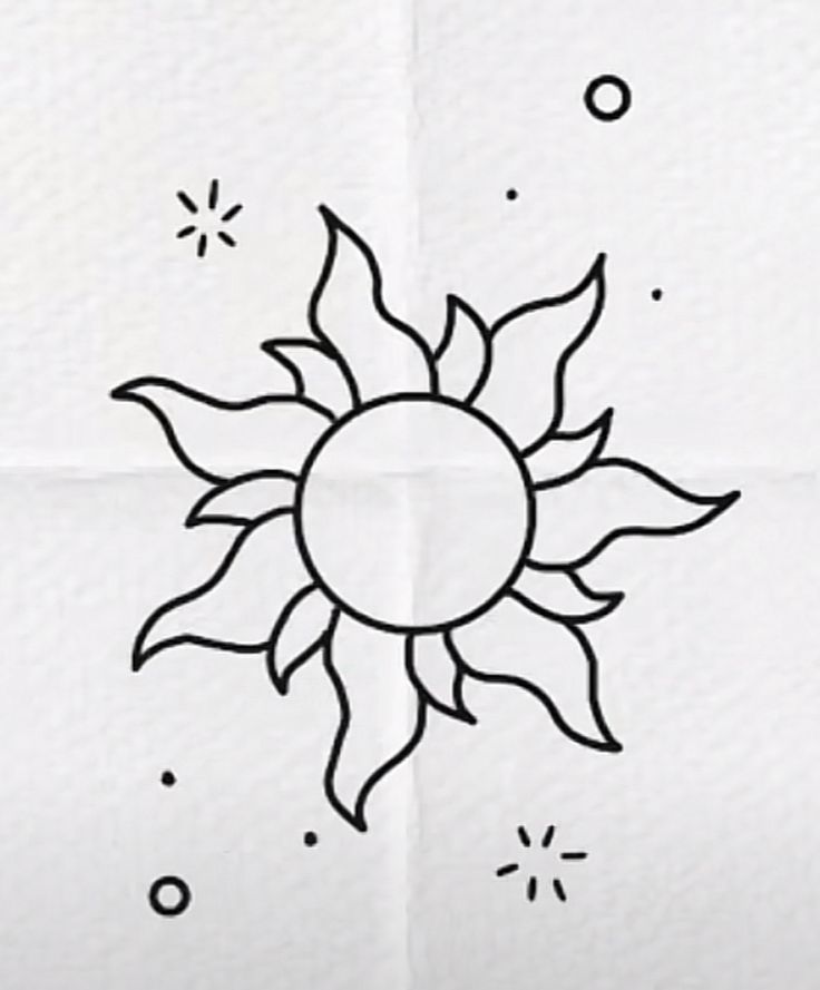 a drawing of a sun with stars and bubbles on it's back side, in black ink