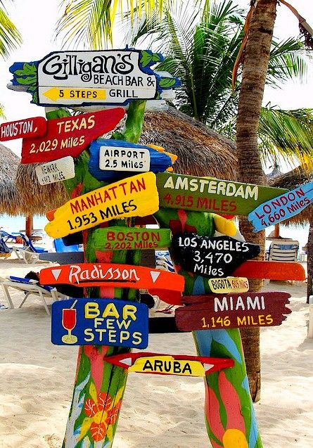 a wooden sign post with many different signs on it's sides and palm trees in the background