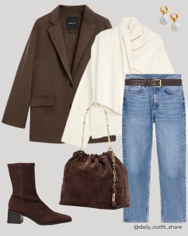 Cream, brown and denim for Winter. ❄️  *Affiliate | This post contains affiliate links, meaning I earn a commission at no extra cost to you.  casual outfits, winter outfit, outfit ideas winter, timeless outfit, classic outfit, elegant outfit, outfit ideas, outfit inspo, outfit inspirations, women’s casual outfit, neutrals, virtual styling, everyday fashion, style tips, style inspiration