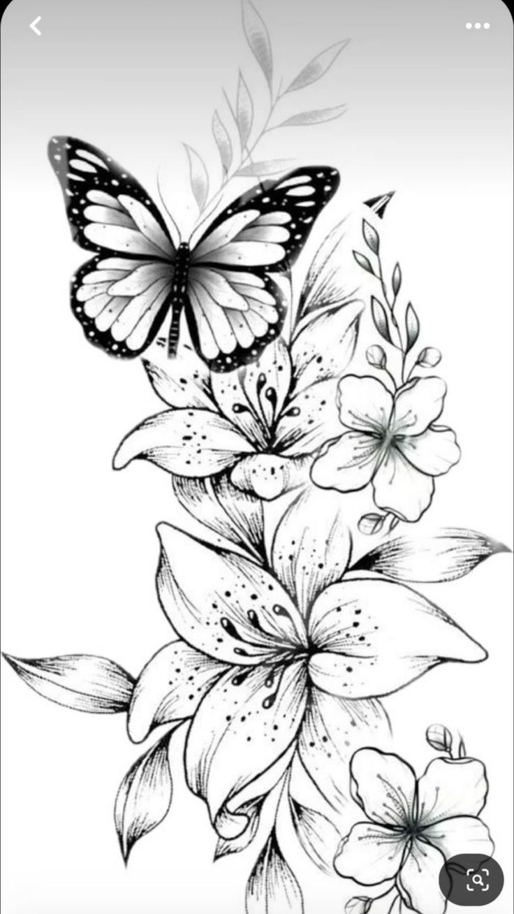 a black and white drawing of flowers with a butterfly on top