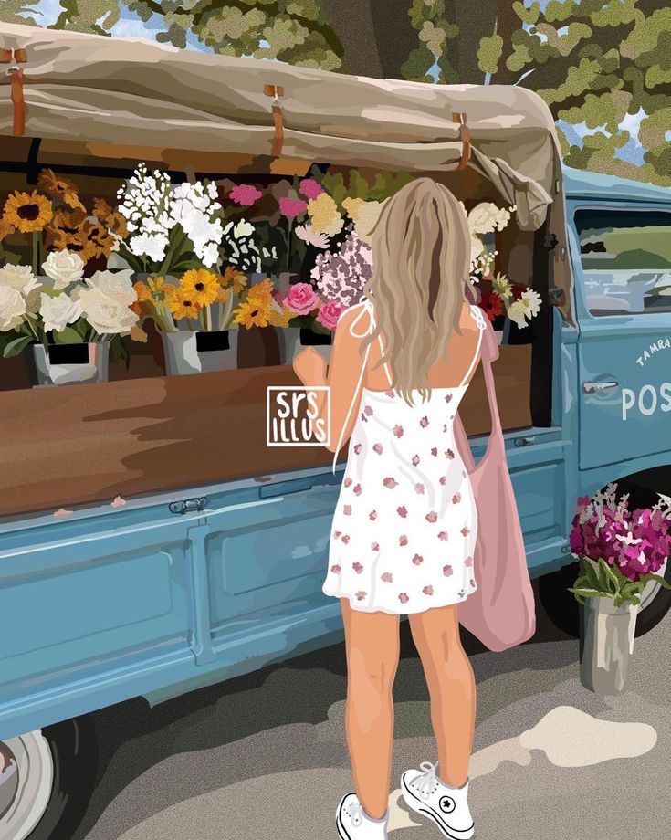 a painting of a woman standing in front of a truck with flowers on the back