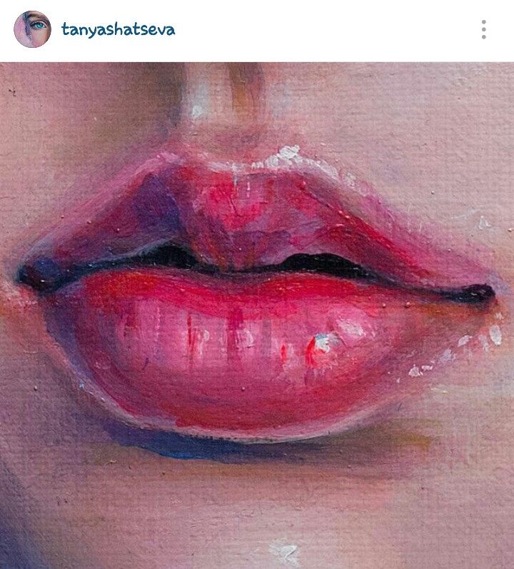 an oil painting of a woman's lips with pink lipstick on her cheek and black tips