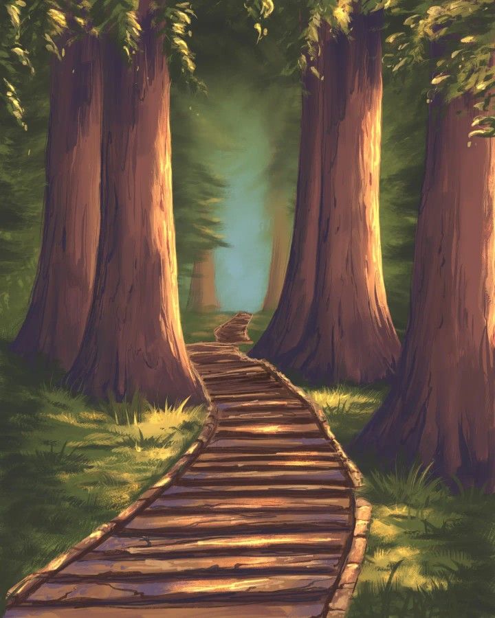 a painting of a wooden path in the middle of a forest with trees on both sides