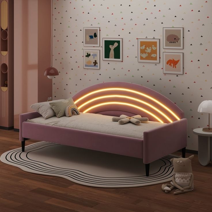 a bed with lights on it in a room