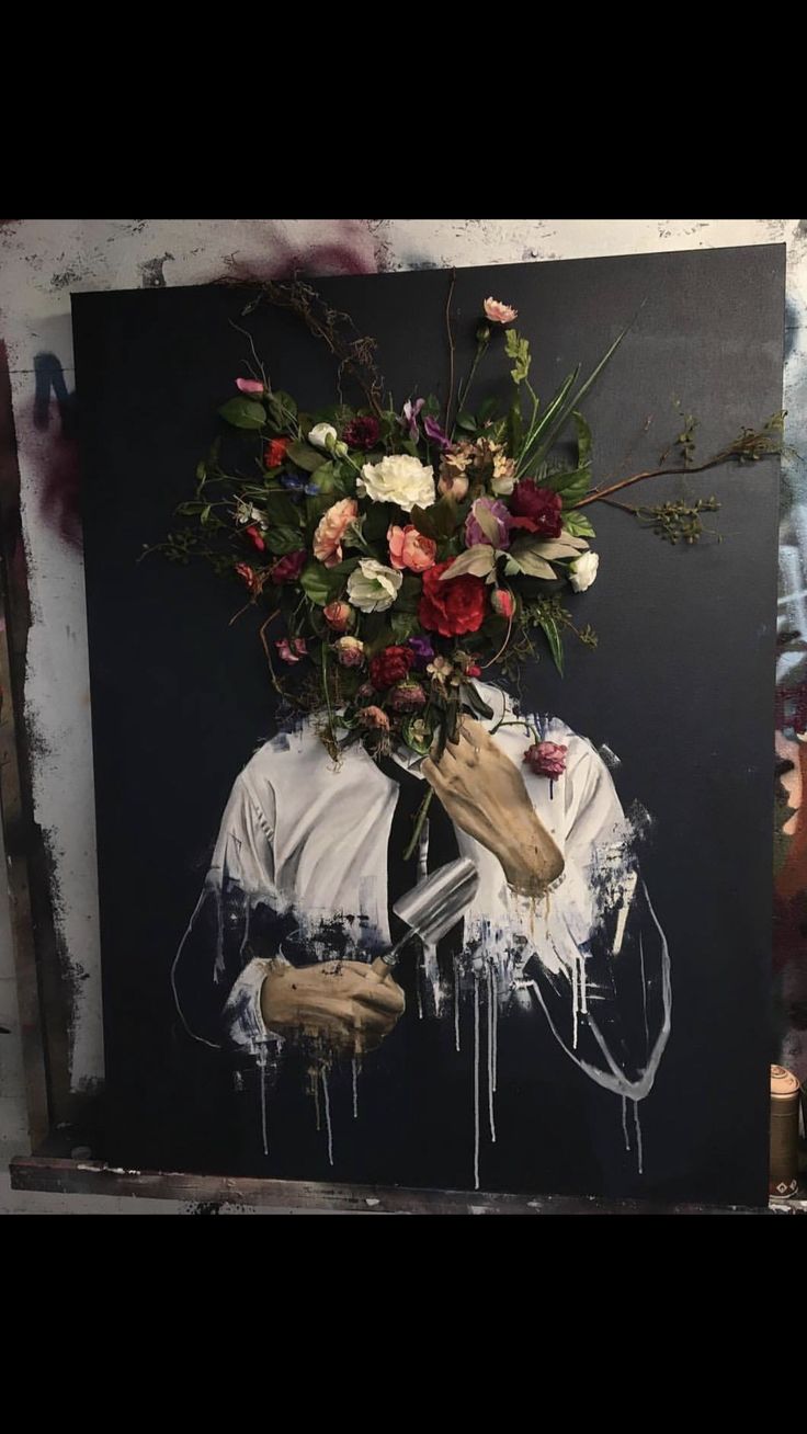 a painting of a man with flowers on his head holding a knife in front of him