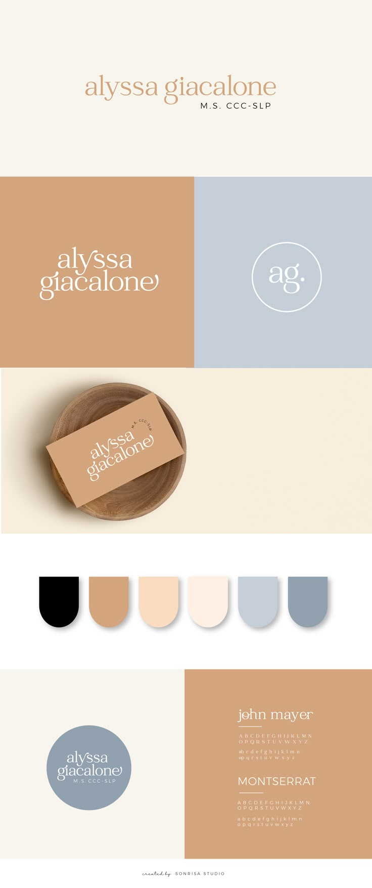 the brand identity for alyessa glaciatone is shown in three different colors