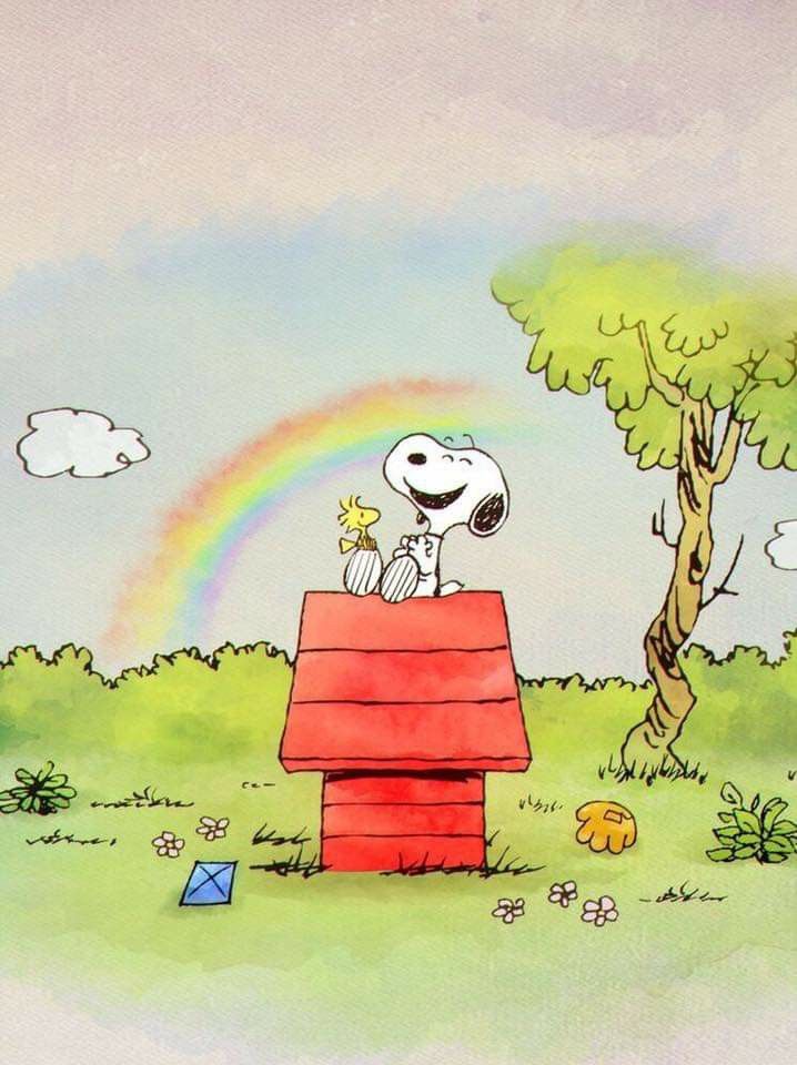 a cartoon dog sitting on top of a red box with a rainbow in the background