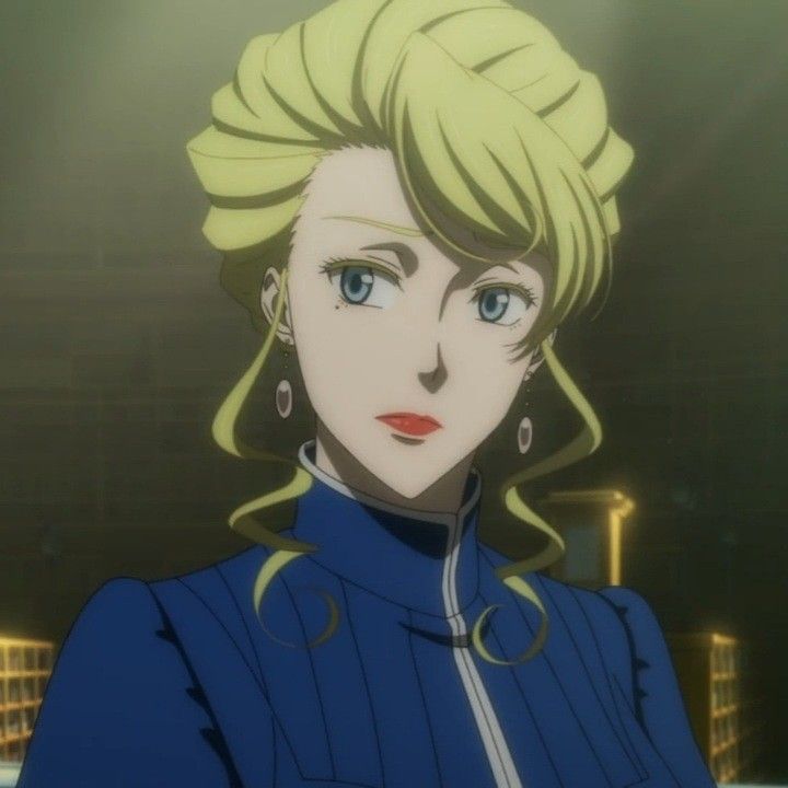 a woman with blonde hair and blue eyes looks at the camera in an anime scene