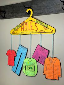 a bulletin board with clothes hanging from it's hooks and the words holes on them