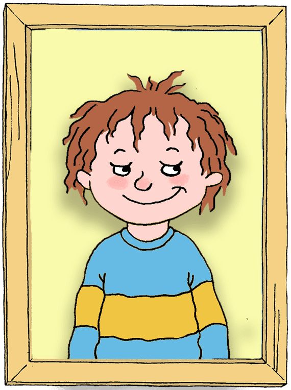 a drawing of a boy with red hair and blue shirt looking at his reflection in a mirror