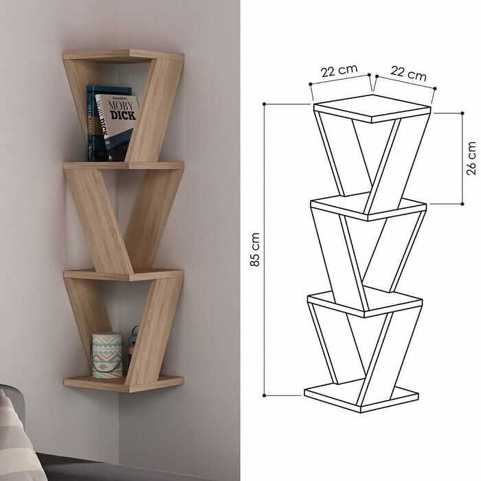 the shelf is made out of wood and has three shelves on each side, one with bookshelves