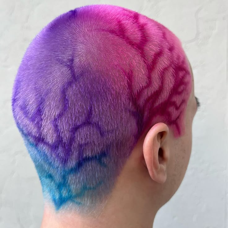 Lightning Bolt Shaved Head, Hair Dye Ideas Shaved Head, Hair Dye Patterns Shaved, Lightning Hair Design, Coloured Shaved Head, Shaved Head Pattern Dye, Shaved Head Looks, Rainbow Shaved Head, Purple Mens Hair