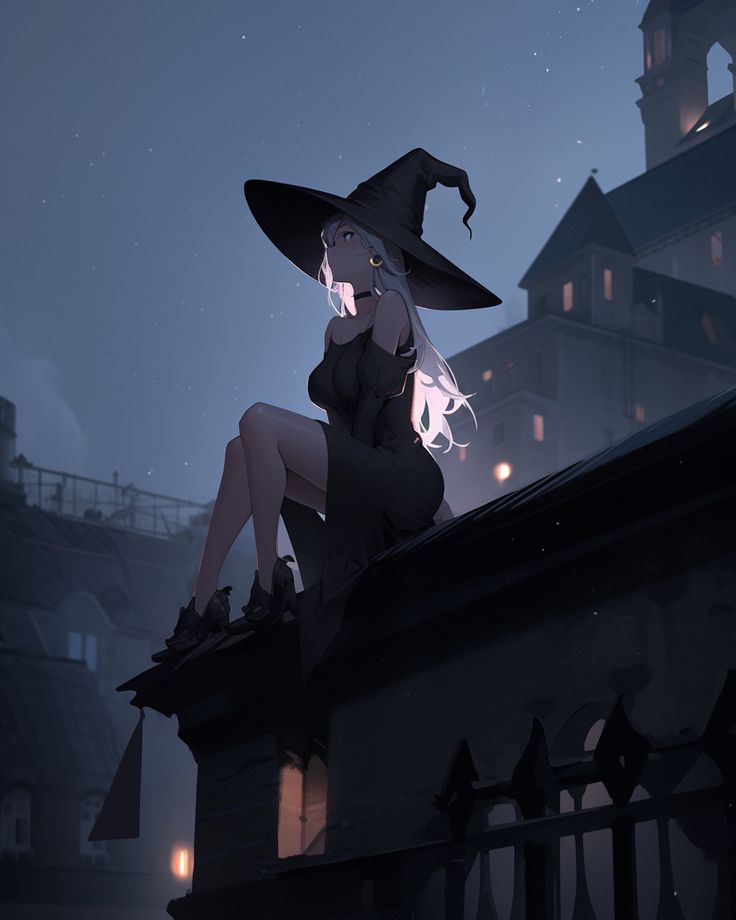 a woman dressed as a witch sitting on top of a building