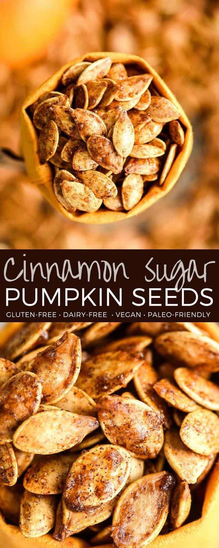 pumpkin seeds in a wooden bowl with the words cinnamon sugar pumpkin seeds on top and bottom