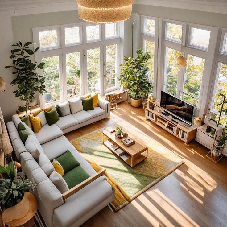 a living room filled with furniture and lots of windows