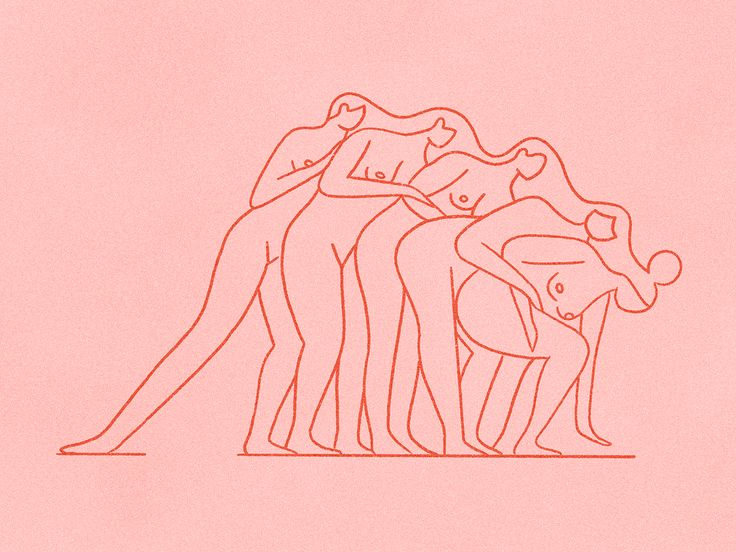 a line drawing of three women hugging each other in front of a light pink background