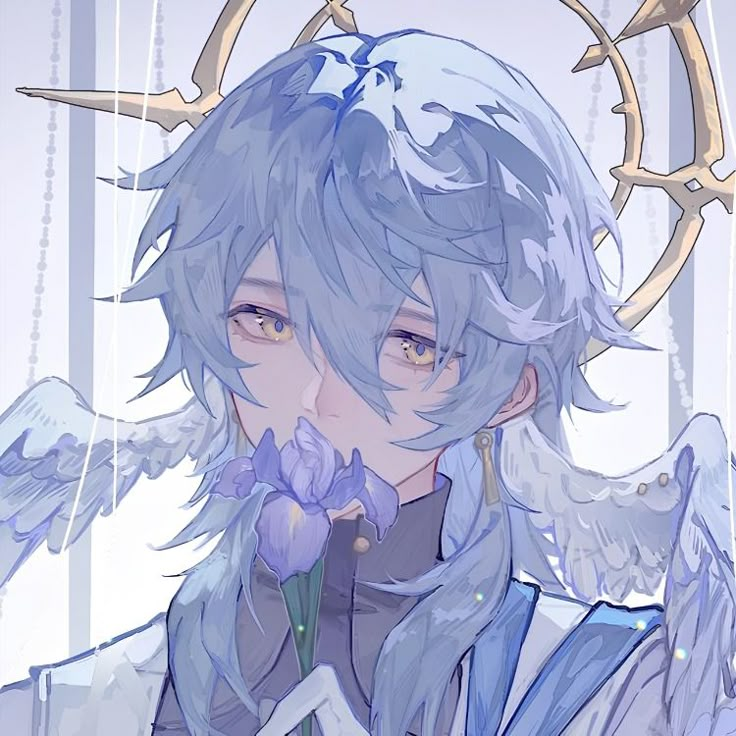 an anime character with white hair and blue eyes holding flowers in front of his face