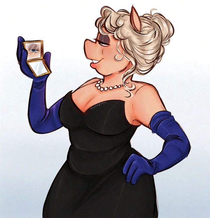 a drawing of a woman in a black dress and blue gloves holding an empty ring