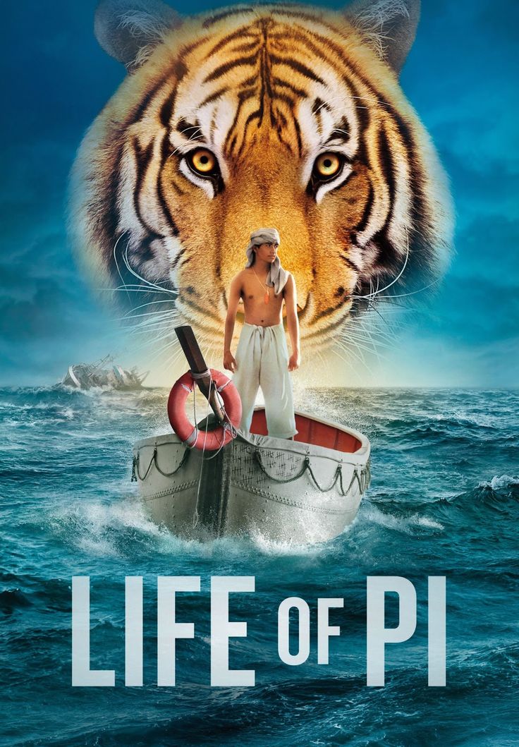 a movie poster with a man standing on top of a boat in front of a tiger