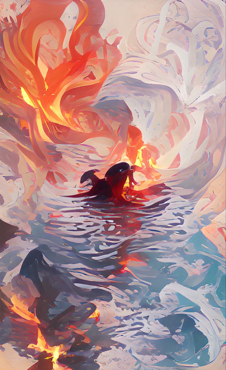 two people are in the water surrounded by fire