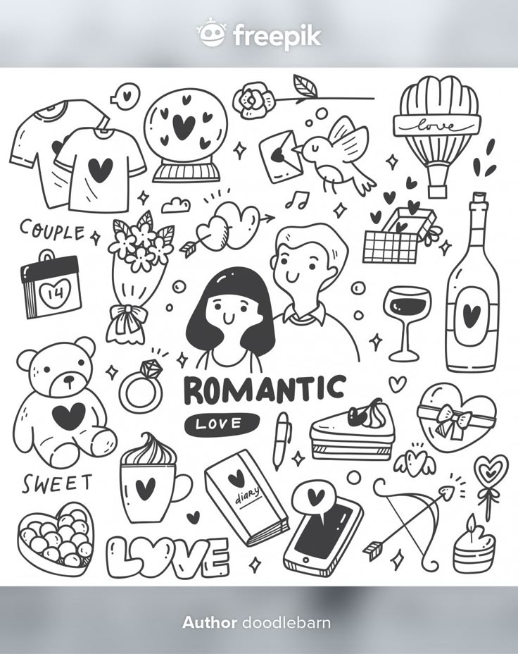 hand drawn romantic icons in black and white on the theme of valentine's day