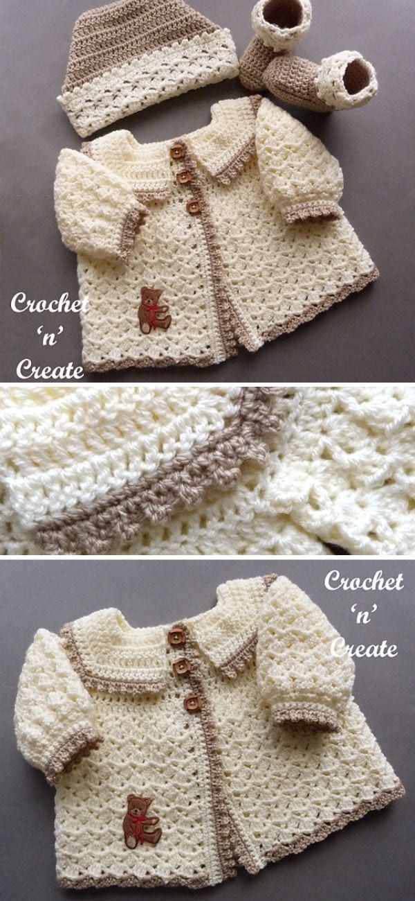 crocheted baby sweater and booties are shown in three different sizes, including one with