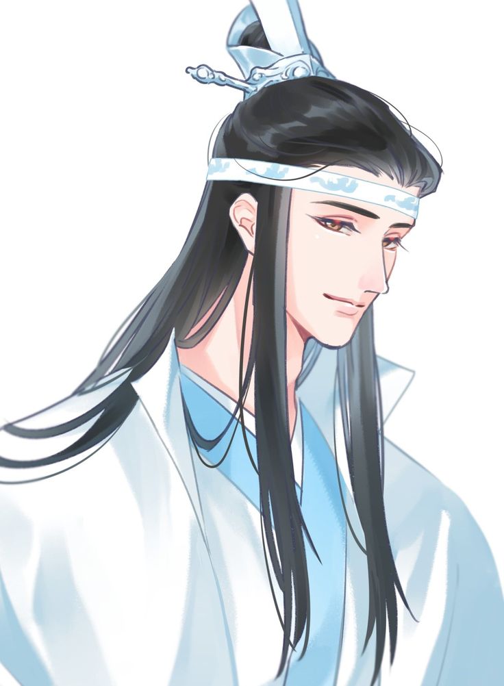 an anime character with long black hair wearing a blue robe and white headbands