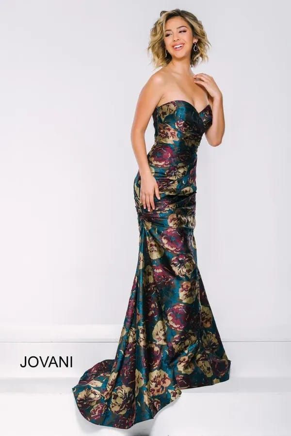 Jovani Strapless Printed Long Formal Gown 45363 Strapless Floral Print Prom Evening Dress, Strapless Evening Gown With Floral Print, Strapless Floral Print Evening Dress For Formal Events, Strapless Floral Print Evening Dress For Formal Occasions, Formal Strapless Evening Dress With Floral Print, Strapless Floral Print Formal Evening Dress, Strapless Floral Print Gown With Fitted Bodice, Strapless Gown With Floral Print And Fitted Bodice, Evening Strapless Dress With Sweetheart Neckline And Floral Print