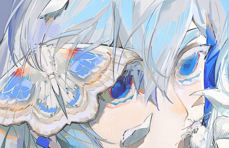 an anime character with white hair and blue eyes is looking at something in the distance