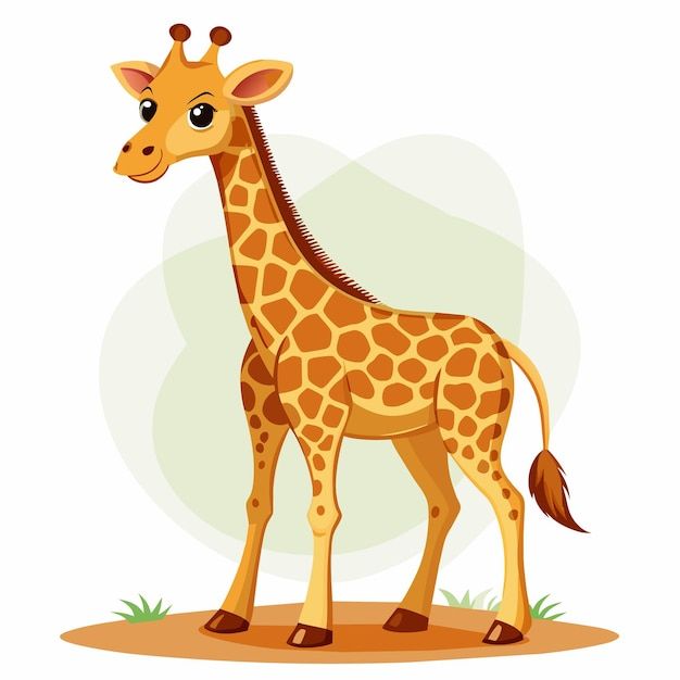 a cartoon giraffe standing on the ground with grass around it's feet