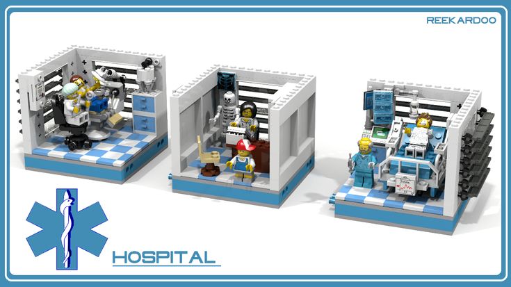 two legos are shown with the words hospital series written below them in blue and white