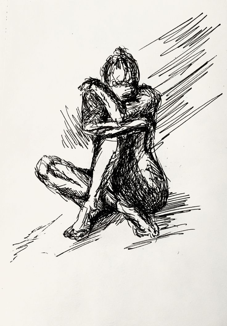 a black and white drawing of two people sitting on the ground with their arms around each other