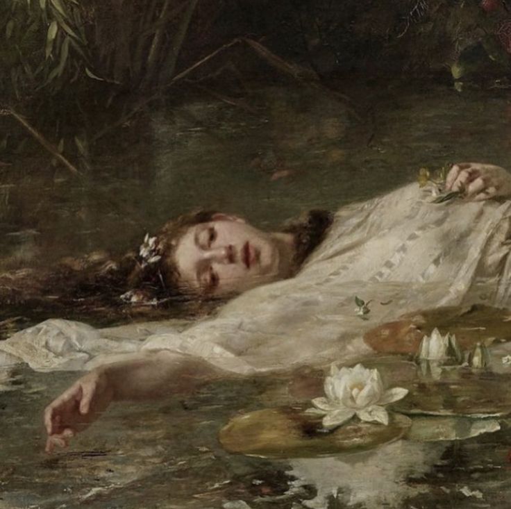 a painting of a woman laying on the ground next to lily pads and water lillies