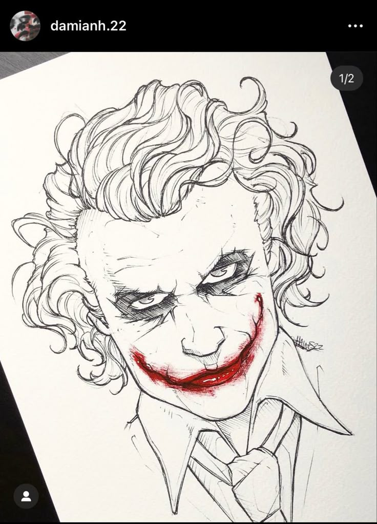 a drawing of the joker with red eyes and curly hair, wearing a shirt and tie